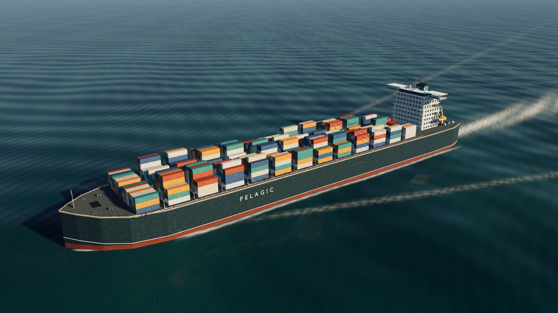 Pelagic's container ship and cargo stacks at sea, captured in the simulator