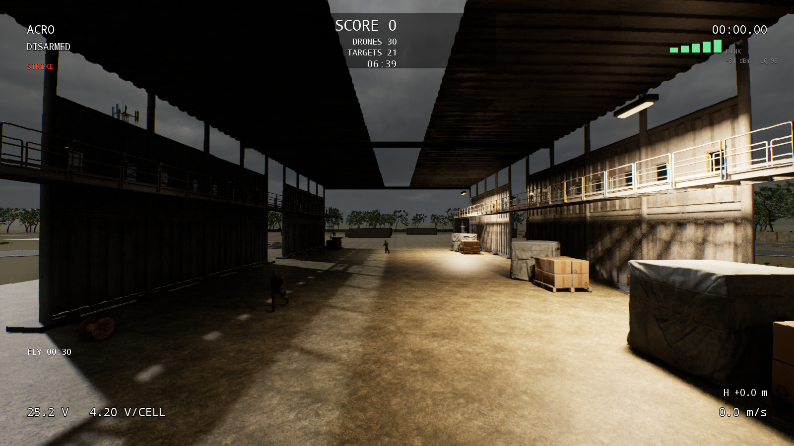 Strike depot with weathered industrial buildings and service yards, captured in simulator v12